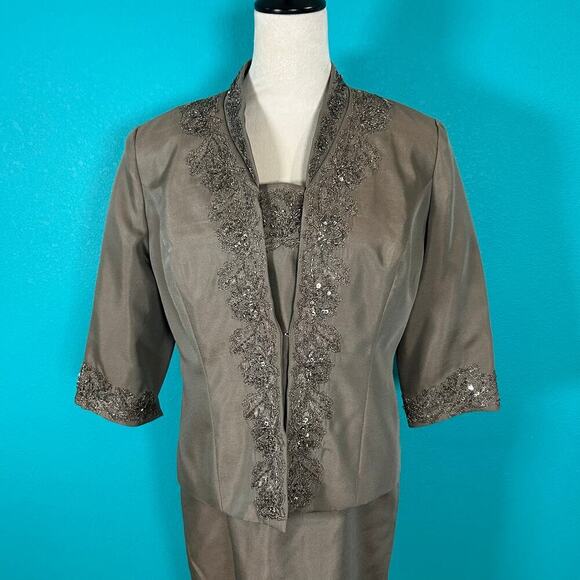 Alex Evenings Brown Beaded Midi & Jacket 2 Piece Dress Wedding Size  10P - Picture 2 of 8
